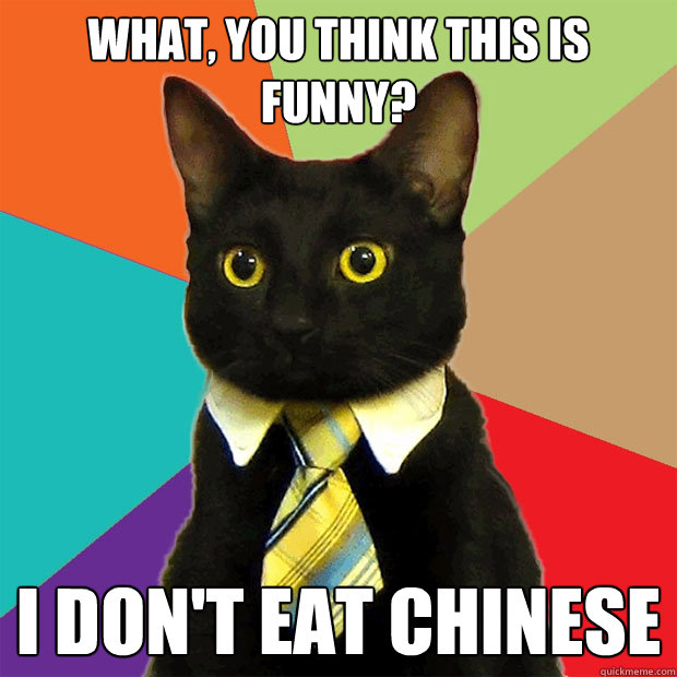 what, you think this is funny? i don't eat chinese  Business Cat