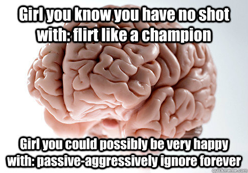 Girl you know you have no shot with: flirt like a champion Girl you could possibly be very happy with: passive-aggressively ignore forever  Scumbag Brain