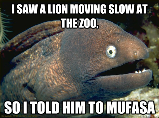 I saw a lion moving slow at the zoo, So i told him to mufasa  Bad Joke Eel