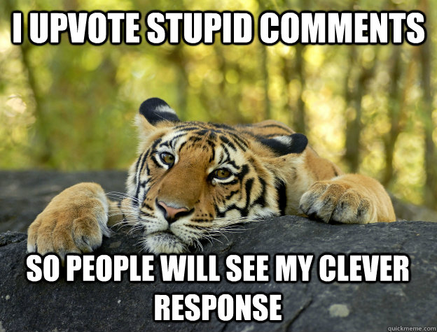 I upvote stupid comments so people will see my clever response  Confession Tiger