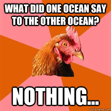 what did one ocean say to the other ocean? Nothing...  Anti-Joke Chicken