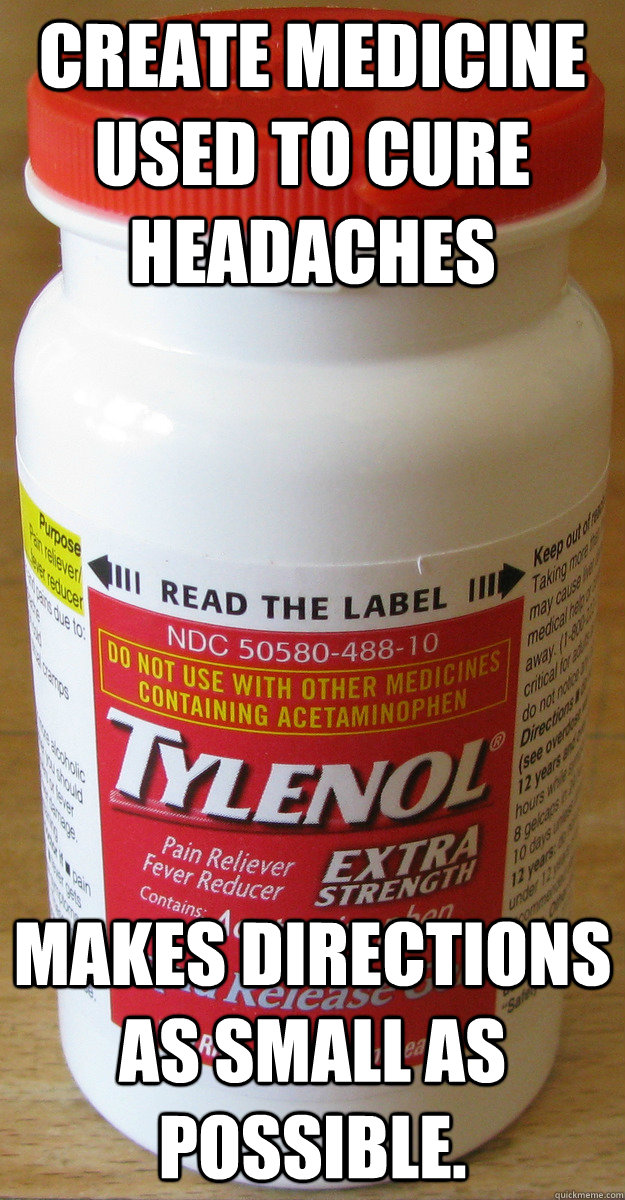 Create medicine used to cure headaches Makes directions as small as possible.  