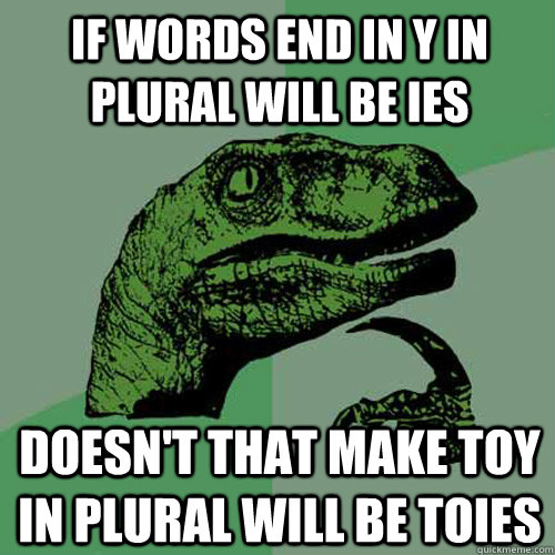 If words end in y in plural will be ies Doesn't that make toy in plural will be toies  Philosoraptor