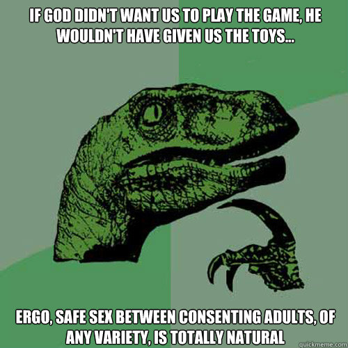 if god didn't want us to play the game, he wouldn't have given us the toys... ergo, safe sex between consenting adults, of any variety, is totally natural  Philosoraptor