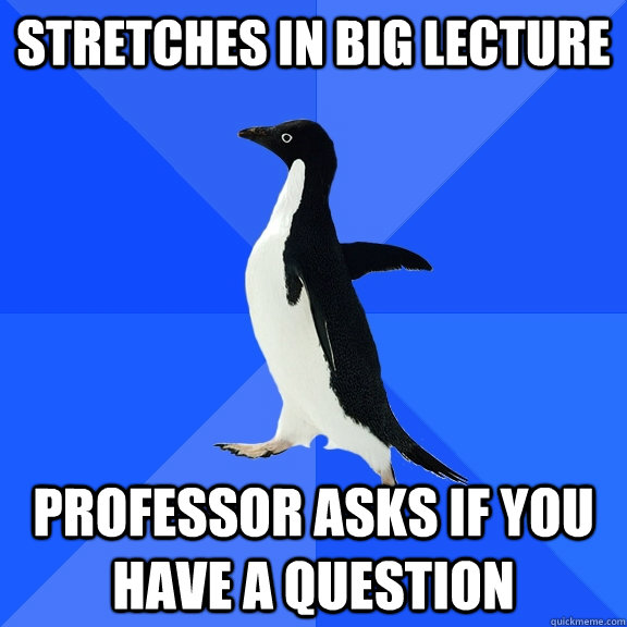 Stretches in big lecture Professor asks if you have a question  Socially Awkward Penguin