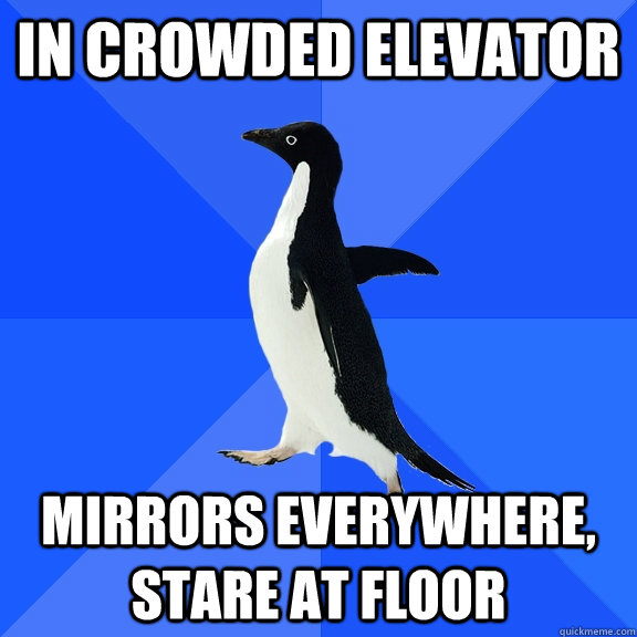 In crowded elevator Mirrors everywhere, stare at floor - In crowded elevator Mirrors everywhere, stare at floor  Socially Awkward Penguin