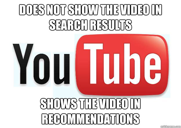 Does not show the video in search results Shows the video in recommendations  Scumbag Youtube