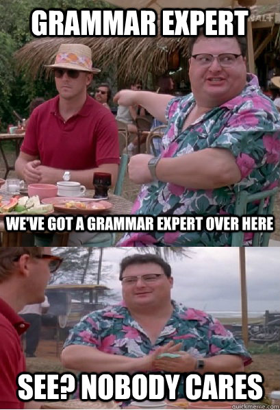 grammar expert we've got a grammar expert over here See? nobody cares - grammar expert we've got a grammar expert over here See? nobody cares  Nobody Cares