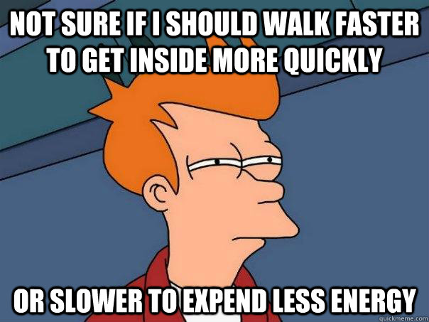 Not sure if i should walk faster to get inside more quickly or slower to expend less energy - Not sure if i should walk faster to get inside more quickly or slower to expend less energy  Futurama Fry