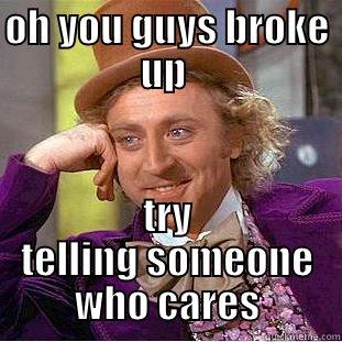 OH YOU GUYS BROKE UP  TRY TELLING SOMEONE WHO CARES Condescending Wonka