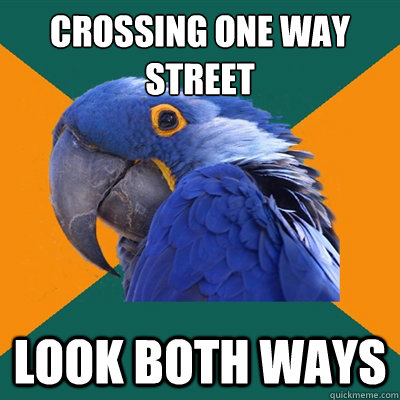 crossing one way street look both ways - crossing one way street look both ways  Paranoid Parrot