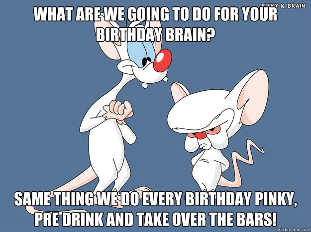 What are we going to do for your birthday brain? Same thing we do every birthday pinky, pre drink and take over the bars! - What are we going to do for your birthday brain? Same thing we do every birthday pinky, pre drink and take over the bars!  Misc