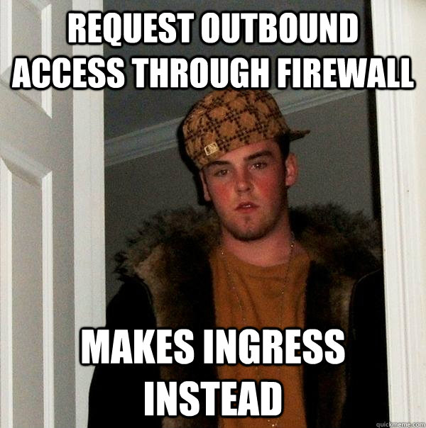 request outbound access through firewall makes ingress instead  Scumbag Steve