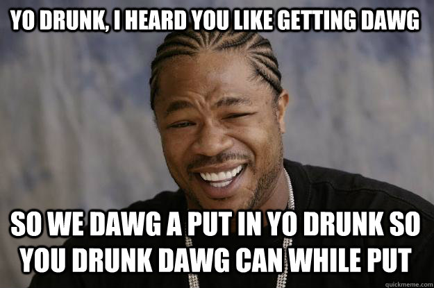 yo drunk, i heard you like getting dawg so we dawg a put in yo drunk so you drunk dawg can while put  Xzibit meme