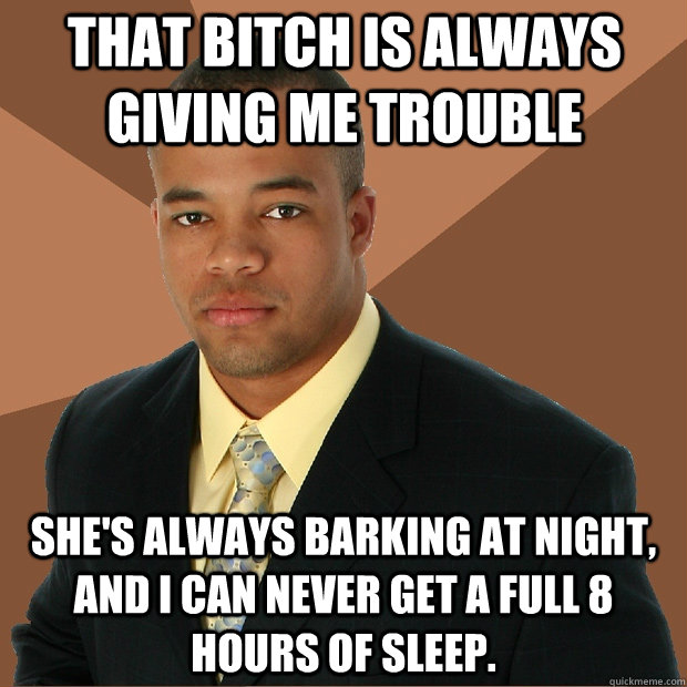 That bitch is always giving me trouble She's always barking at night, and i can never get a full 8 hours of sleep.  Successful Black Man