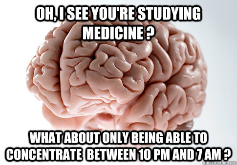 Oh, I see you're studying medicine ? What about only being able to concentrate  between 10 pm and 7 am ?  Scumbag Brain