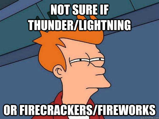 Not sure if thunder/lightning Or firecrackers/fireworks  Futurama Fry