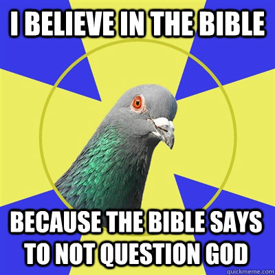 I believe in the bible because the bible says to not question god  Religion Pigeon