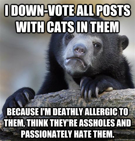 I down-vote all posts with cats in them Because I'm deathly allergic to them, think they're assholes and passionately hate them.   Confession Bear