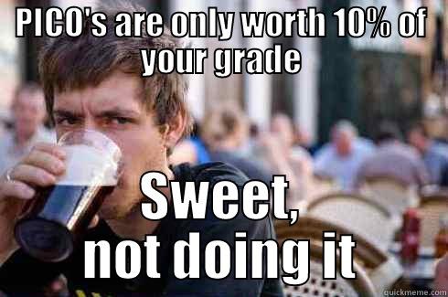 PICO'S ARE ONLY WORTH 10% OF YOUR GRADE SWEET, NOT DOING IT Lazy College Senior