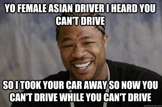 Yo female asian driver I heard you can't drive So I took your car away so now you can't drive while you can't drive - Yo female asian driver I heard you can't drive So I took your car away so now you can't drive while you can't drive  Xzibit meme