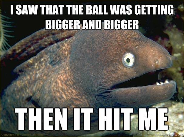 i saw that the ball was getting bigger and bigger then it hit me  Bad Joke Eel