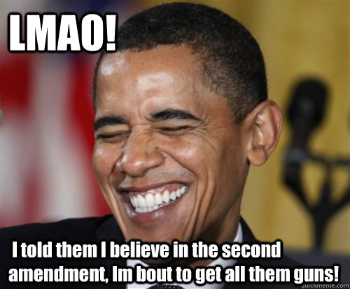 LMAO!  I told them I believe in the second amendment, Im bout to get all them guns!  Scumbag Obama