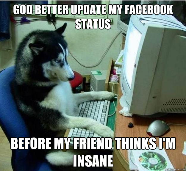 god better update my facebook status Before my friend thinks i'm insane  Disapproving Dog