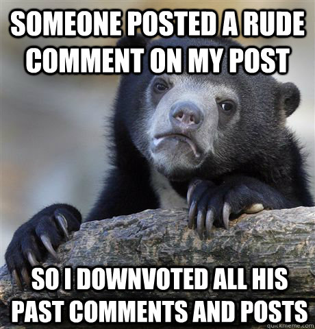 someone posted a rude comment on my post so i downvoted all his past comments and posts - someone posted a rude comment on my post so i downvoted all his past comments and posts  Confession Bear