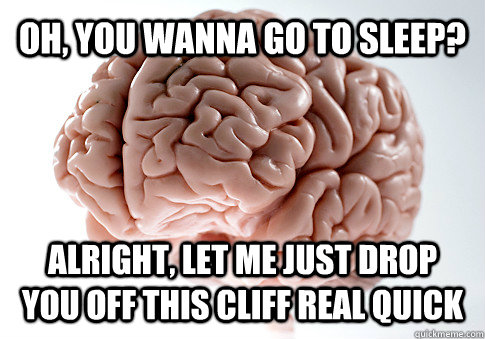 oh, you wanna go to sleep? Alright, let me just drop you off this cliff real quick  Get the [AdviceAnimals Chrome extension!](http://www.livememe.com/extension)  Scumbag Brain