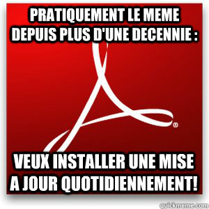 pratiquement le meme depuis plus d'une decennie : Veux installer une mise a jour quotidiennement!  Scumbag Adobe