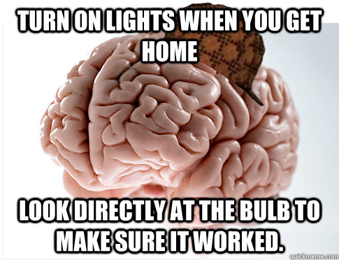 Turn on lights when you get home Look directly at the bulb to make sure it worked.  - Turn on lights when you get home Look directly at the bulb to make sure it worked.   Scum Bag Brain