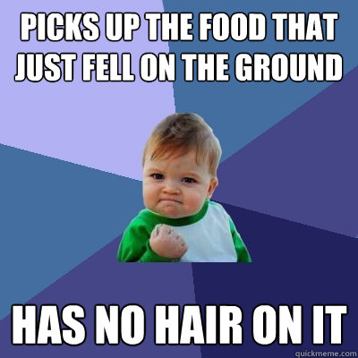 picks up the food that just fell on the ground  Has no hair on it  Success Kid