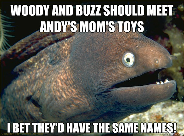 Woody and Buzz should meet
Andy's mom's toys I bet they'd have the same names!  Bad Joke Eel