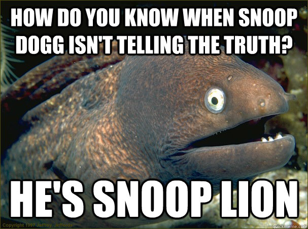 How do you know when Snoop Dogg isn't telling the truth? He's Snoop Lion  Bad Joke Eel