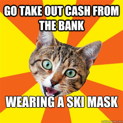 Go take out cash from the bank Wearing a ski mask  Bad Advice Cat