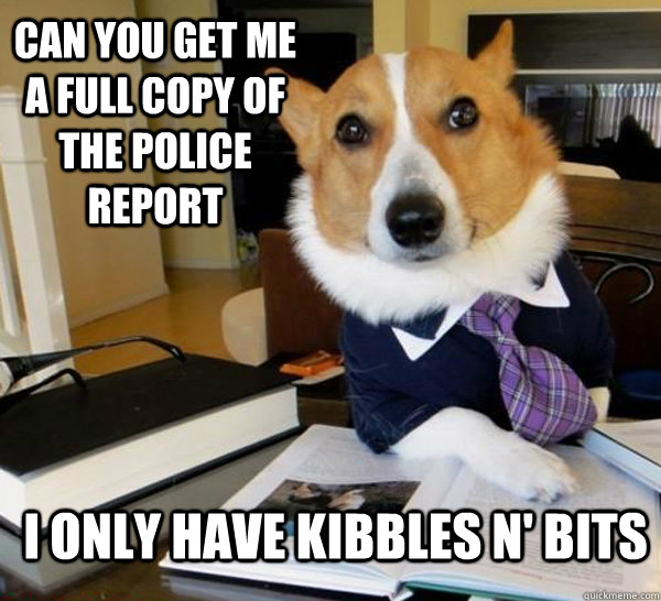 Can you get me a full copy of the police report I only have kibbles n' bits  Lawyer Dog