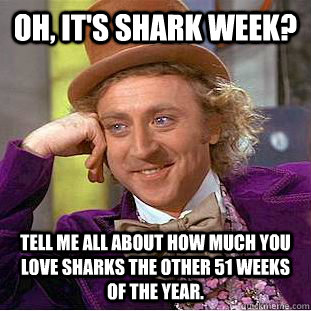 Oh, it's shark week? Tell me all about how much you love sharks the other 51 weeks of the year. - Oh, it's shark week? Tell me all about how much you love sharks the other 51 weeks of the year.  Condescending Wonka