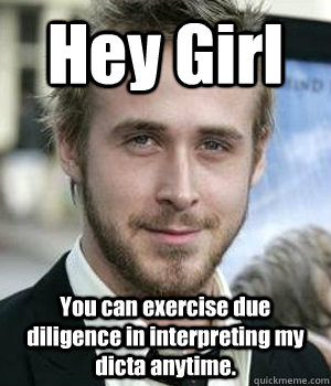 Hey Girl You can exercise due diligence in interpreting my dicta anytime. - Hey Girl You can exercise due diligence in interpreting my dicta anytime.  Misc