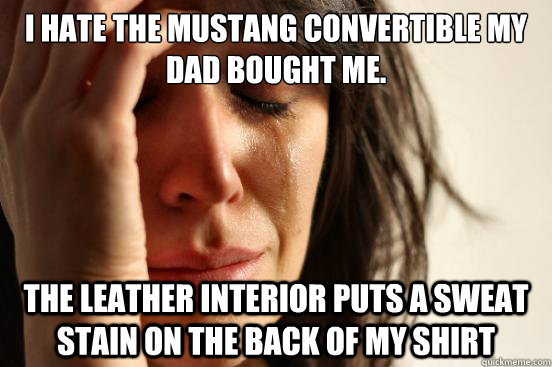 I hate the mustang convertible my dad bought me. the leather interior puts a sweat stain on the back of my shirt  First World Problems