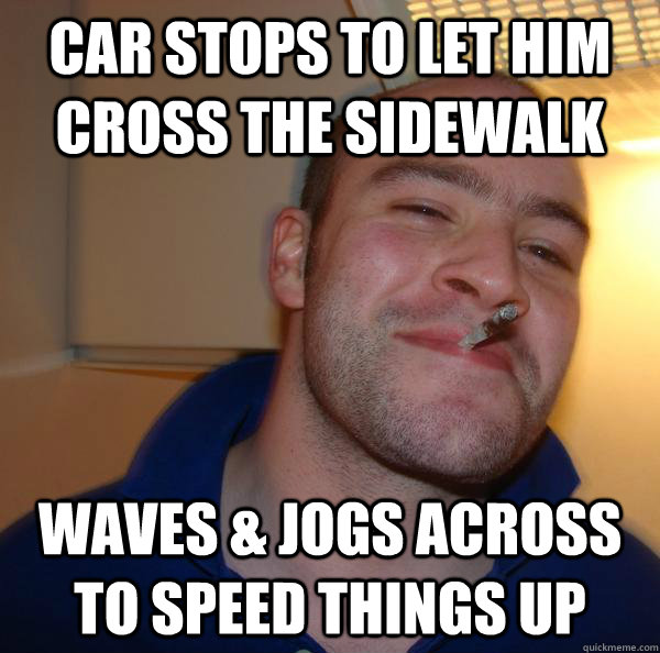 Car stops to let him cross the sidewalk Waves & Jogs across to speed things up - Car stops to let him cross the sidewalk Waves & Jogs across to speed things up  Misc