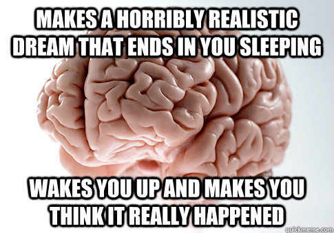 makes a horribly realistic dream that ends in you sleeping wakes you up and makes you think it really happened  Scumbag Brain