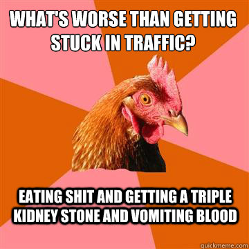 What's worse than getting stuck in traffic? eating shit and getting a triple kidney stone and vomiting blood  Anti-Joke Chicken