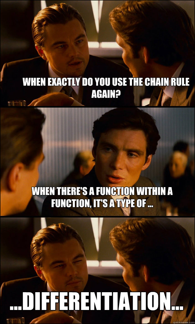 When exactly do you use the chain rule again? When there's a function within a function, it's a type of ...  ...Differentiation...  Inception