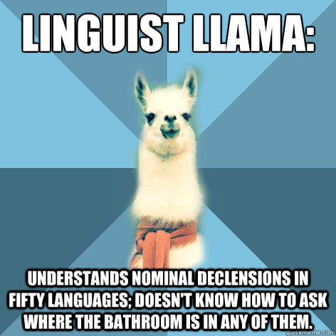 Linguist llama: understands nominal declensions in fifty languages; doesn't know how to ask where the bathroom is in any of them.  Linguist Llama