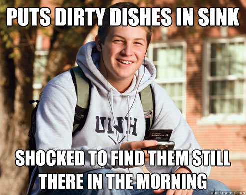 Puts dirty dishes in sink Shocked to find them still there in the morning  College Freshman