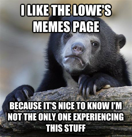 I like the Lowe's Memes page Because it's nice to know I'm not the only one experiencing this stuff  Confession Bear