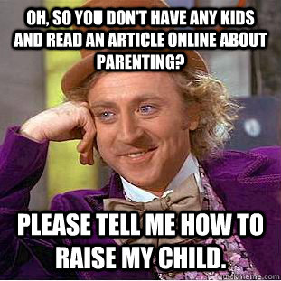 Oh, so you don't have any kids and read an article online about parenting? Please tell me how to raise my child.  Condescending Wonka