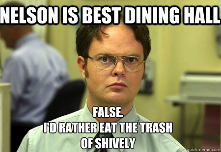 NELSON IS BEST DINING HALL False.
I'd rather eat the trash 
of Shively - NELSON IS BEST DINING HALL False.
I'd rather eat the trash 
of Shively  Schrute