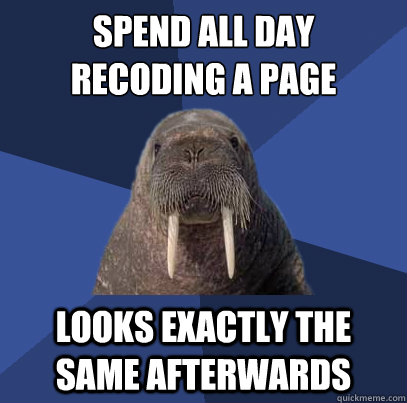 SPEND ALL DAY 
REcoding A PAGE looks exactly the same afterwards  Web Developer Walrus